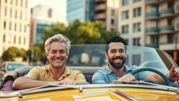 Charming duo driving a vintage yellow car, Cobra Kai sequel.