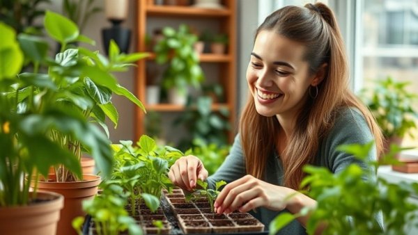 Joyful woman planting seeds indoors for February gardening zone guide.