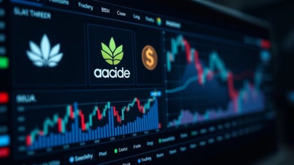 Trading platform interface with logos and graphs in a modern design.