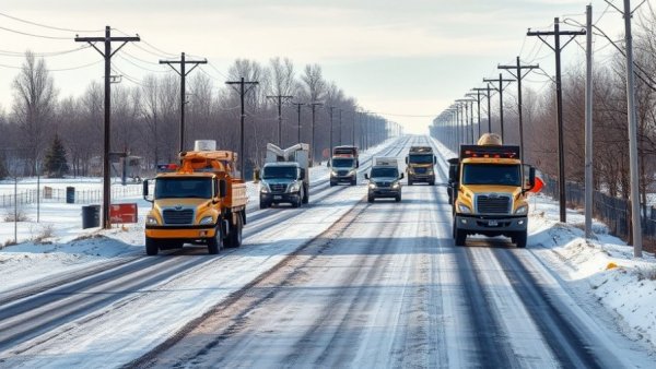 Michigan water infrastructure expansion project on a snowy road with machinery.