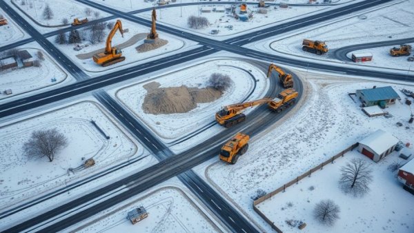 Aerial view of snowy Michigan data center construction site.