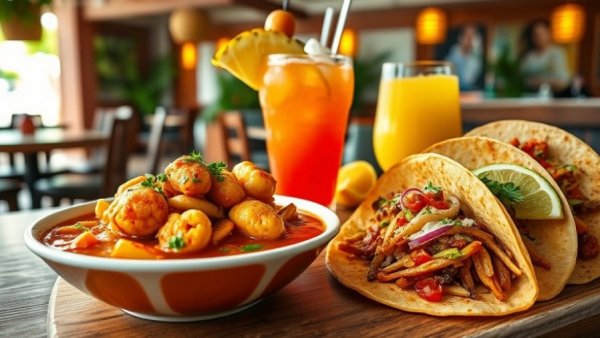 Colorful Caribbean dishes and tropical drink at Bahama Breeze in Michigan.