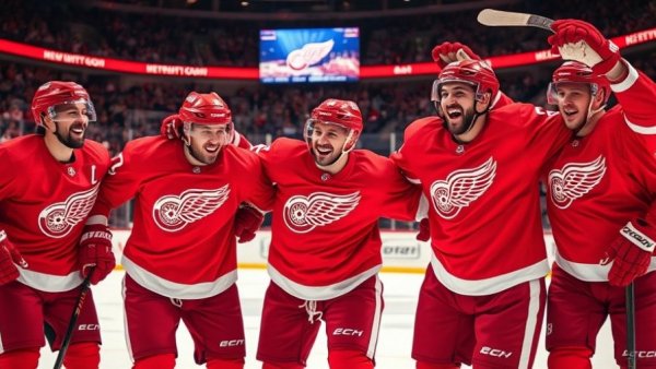 Detroit Red Wings players celebrating victory, showcasing playoff potential.