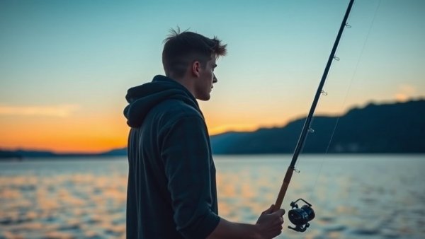 Young man fishing by a lake at sunset.