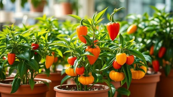 Vibrant indoor plants with colorful peppers and fruits, seeds that need bottom heat to germinate