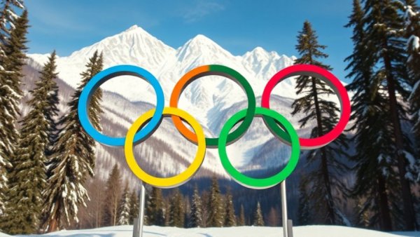 Colorful Olympic rings with snowy mountains backdrop.
