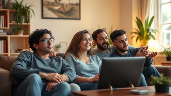 Friends enjoying Super Bowl ads together, home setting.