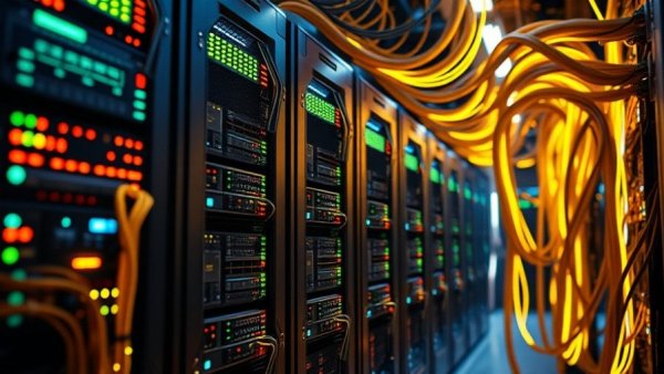 Advanced servers with glowing cables showcasing AI investment by Big Tech.