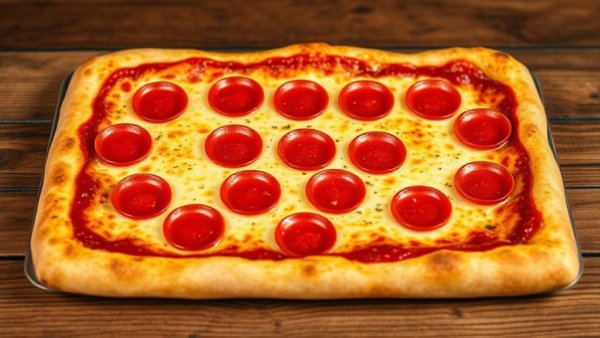 Rectangular pepperoni pizza on a wooden table, best pizzerias in Michigan.