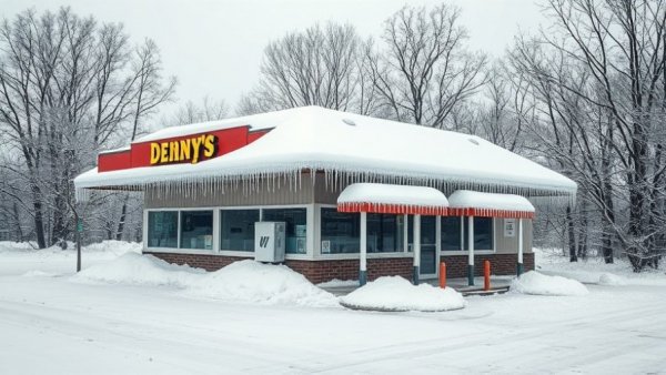 Snow-covered vacant Denny's in Michigan with icicles.