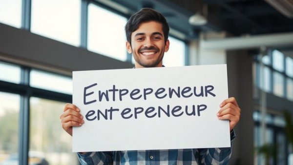 Neurodivergent entrepreneur holding large sign, smiling brightly indoors.