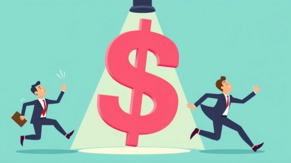 Cartoon businessmen chasing dollar under spotlight, annual recurring revenue.