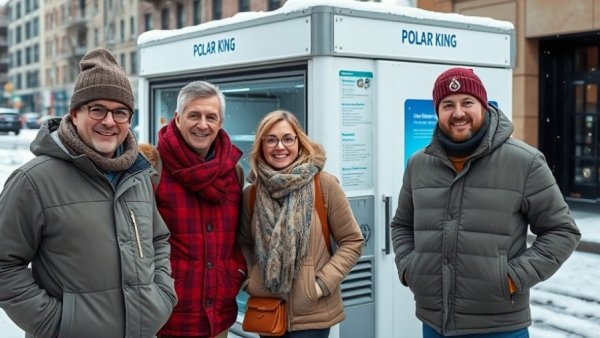 Three people in winter clothing outside a Polar King unit, snowy setting.