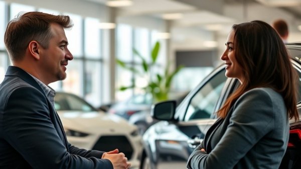 Customer and salesperson discussing hybrid car in dealership, automotive insurance verification.