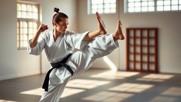 Graceful martial artist practicing in sunlit Gurnee dojo