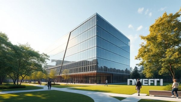 Modern glass building rendering highlighting architectural design under blue sky.