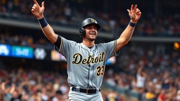 Player in Detroit uniform celebrates, arms raised in baseball stadium.