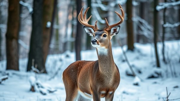 Deer in snowy Michigan forest highlighting legalize deer baiting topic.