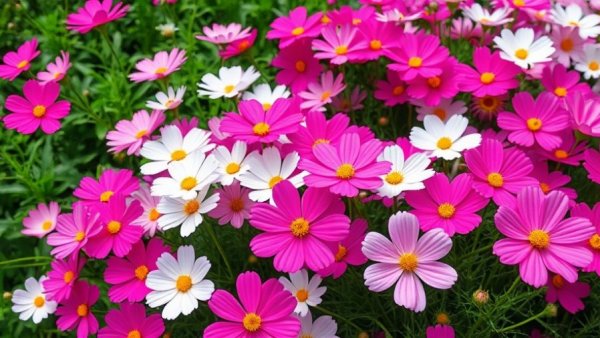 Vibrant cosmos flowers in a Muskegon backyard garden.