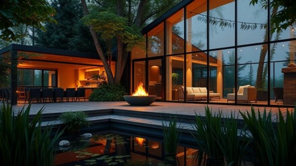 Luxurious outdoor living space with ambient lighting, lush greenery.