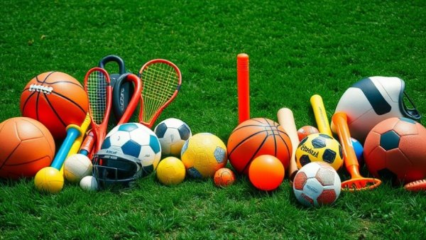 Various sports equipment displayed on grass, bright outdoor setting.