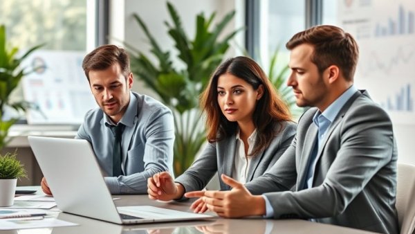 Professionals discussing AI-driven SEO strategies in Malaysia at an office desk.
