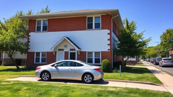 Urban duplex with car in Atlantic City residential area.