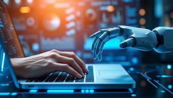 Futuristic AI adaptar software scene with human and robotic interaction.