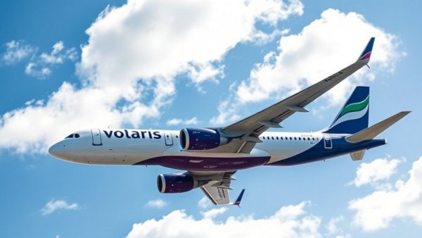 Volaris airplane showcasing new direct routes against a bright blue sky.