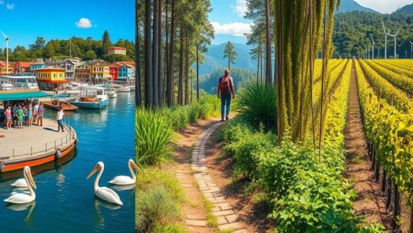 Collage illustrating sustainable travel with urban, forest, and vineyard scenes.