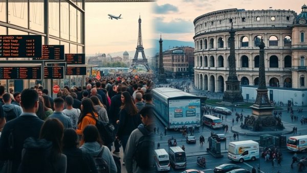 Travel chaos in Europe depicted by crowded airport and bustling city with iconic landmarks.