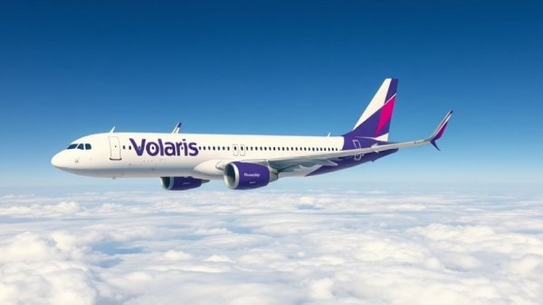 Volaris airplane in flight, clear sky, US Mexico travel.