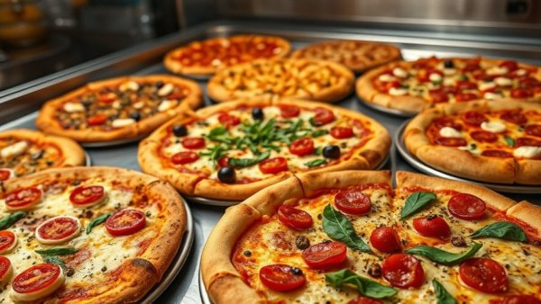 Best pizzas in America displayed with toppings and metal trays.