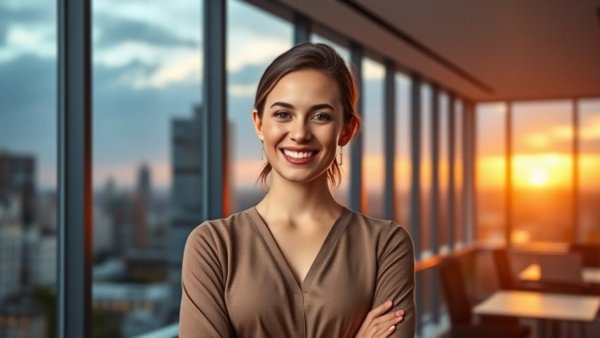 Confident young woman in office, exemplifying Michigan entrepreneur success stories, sunset view.