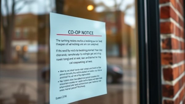 Close-up of notice on co-op window about service changes.