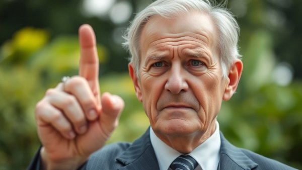 Man in suit raising finger thoughtfully, outdoors, natural lighting.