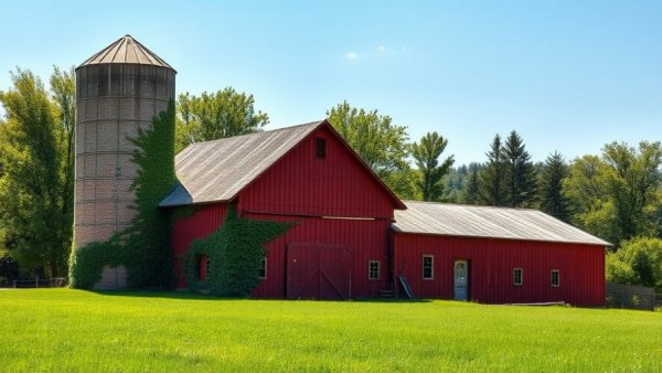 Rustic red barn and ivy-covered silo on Michigan foreign-owned farmland.