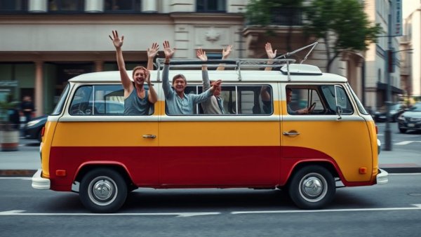 Group enjoying in vintage van for automotive reviews Michigan.