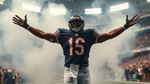Chicago Bears player dramatically enters field in snow during game.