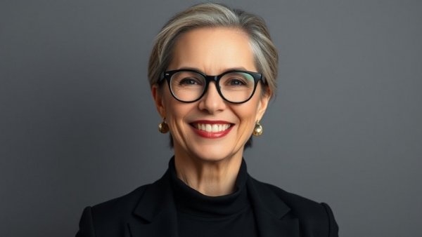 Professional woman providing real estate operations services, smiling warmly.