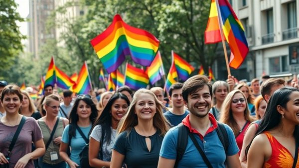 Colorful parade celebration scene with diverse participants, rental property oversight services.