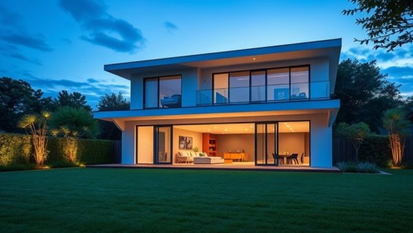 Modern Michigan home for sale with lush lawn and open doors.