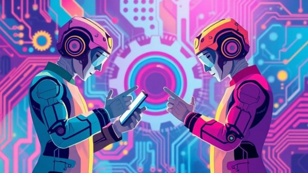 Illustration of AI for small businesses with abstract figures and tech.