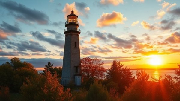 Tawas Point Lighthouse history highlighted at sunset over lake.