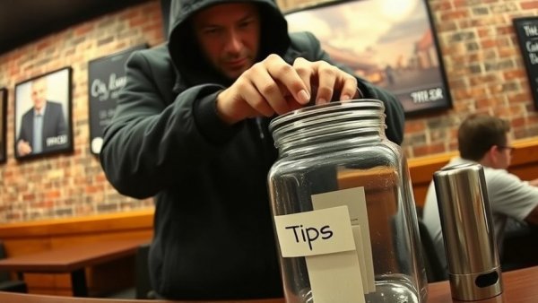 Security footage of tip jar theft in a restaurant showing a person in a black jacket.