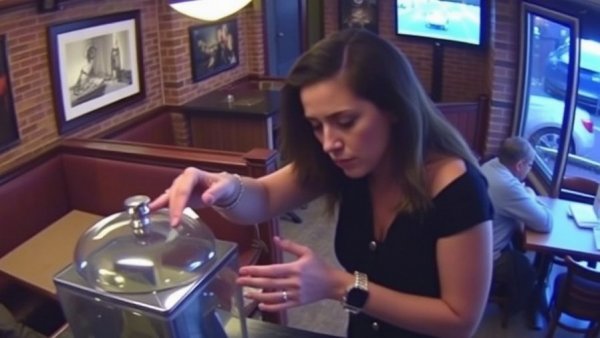 Suspicious woman in restaurant reaching for tip jar, surveillance footage.
