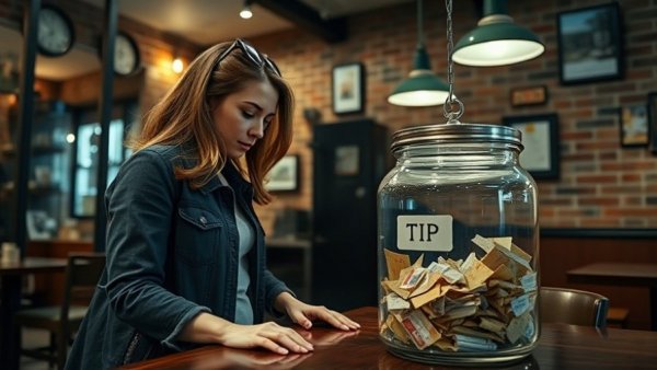Woman examining tip jar in a Michigan restaurant