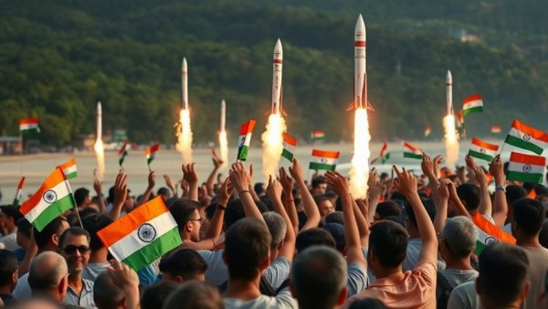 Spectators with Indian flags watch rocket launch, India startup rules for deep tech.