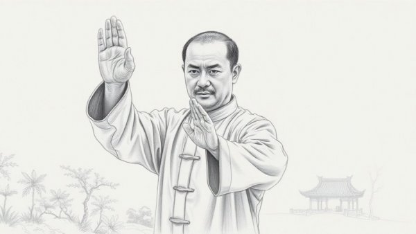 Intricate pencil sketch of Tai Chi salute, serene nature setting.