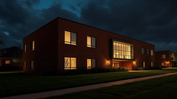 Modern building in Arkansas with illuminated windows at night.